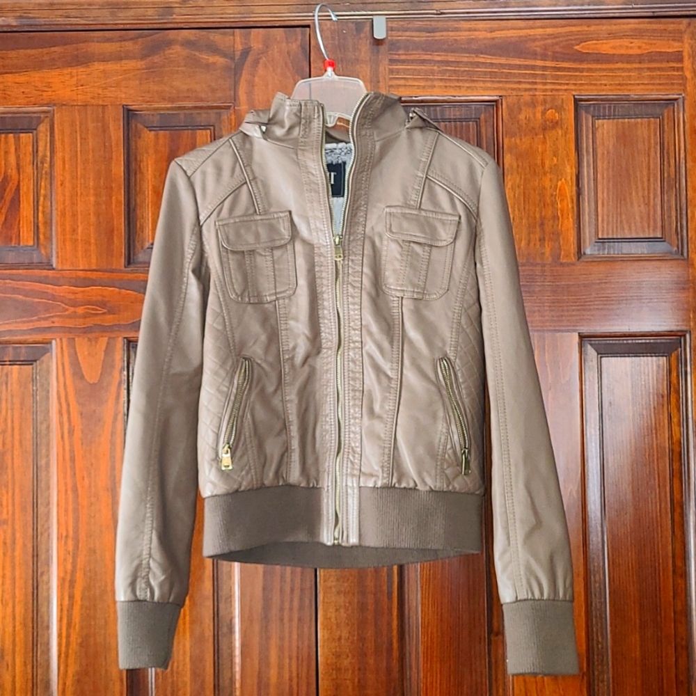 Junior hooded fur lined faux leather jacket.